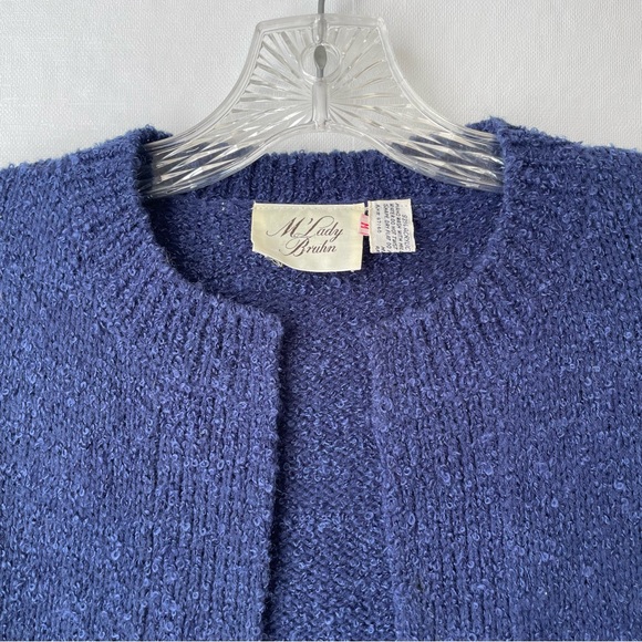 Vintage M’Lady Bruhn Bouclé Open Front Cardigan Sweater Pockets Dark Blue Sz M - Picture 2 of 10
